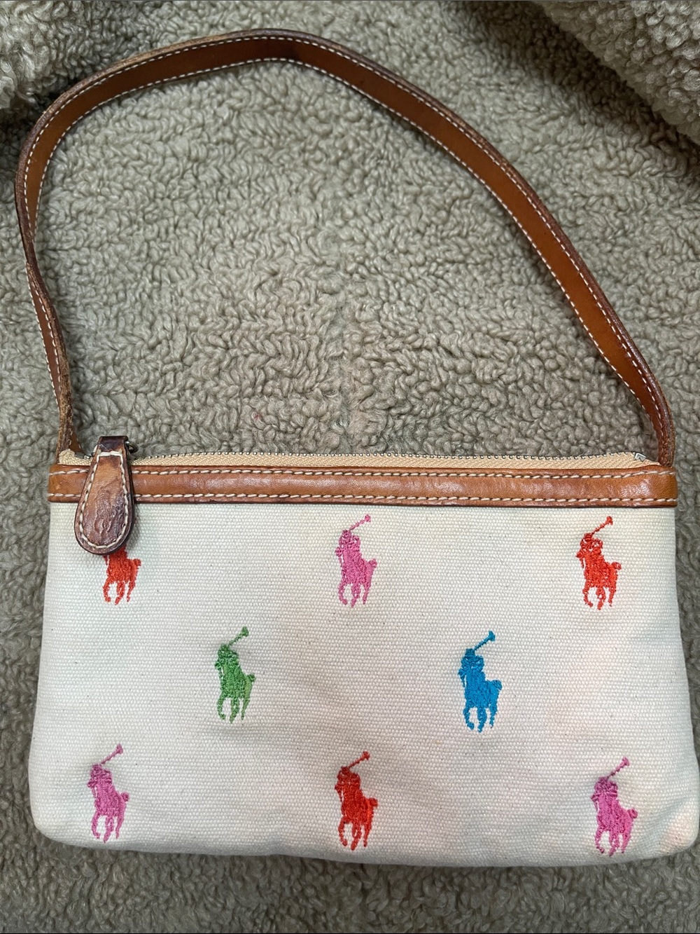 Ralph Lauren Cream Canvas Wristlet with Multicolor Pony Embroidery